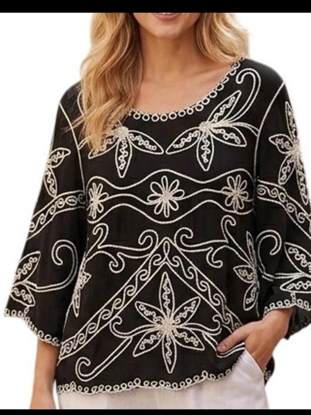 Saint Tropez West Boho Top Womens Sz 2X Black White Embroidered Satouche Blouse